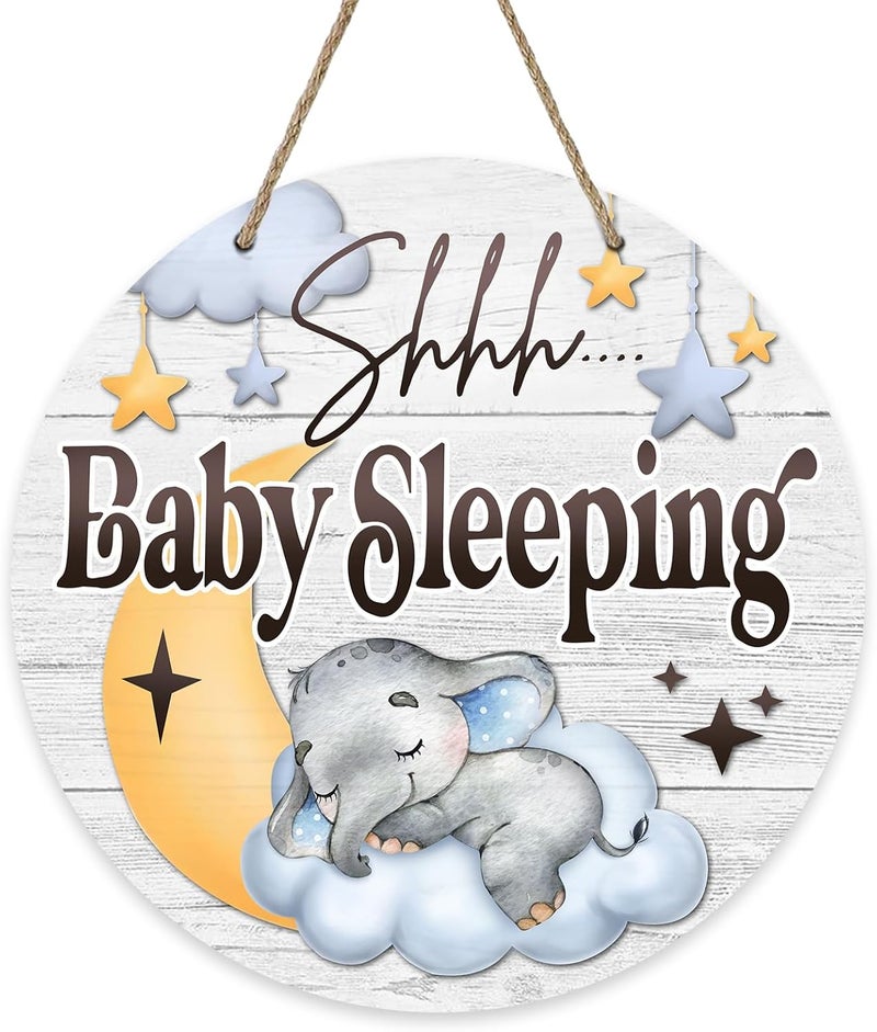 Deroro Shhh Baby Sleeping Front Door Sign, Elephant Moon Cloud Stars Wood Door Hanger Nursery Kids Bedroom Decor, Infant Toddler Baby Boy Girl Room Rustic Wooden Wreath Indoor Wall Hanging Decoration - Image 1